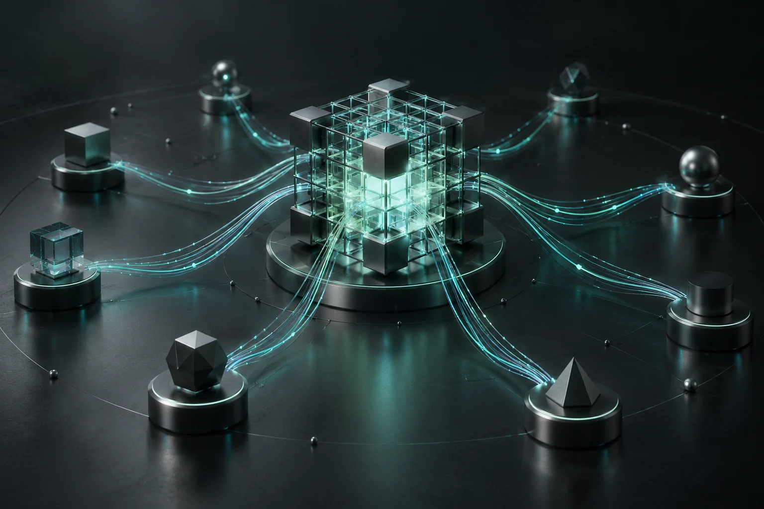 Conceptual processing lattice connected to separate nodes by luminous signal paths