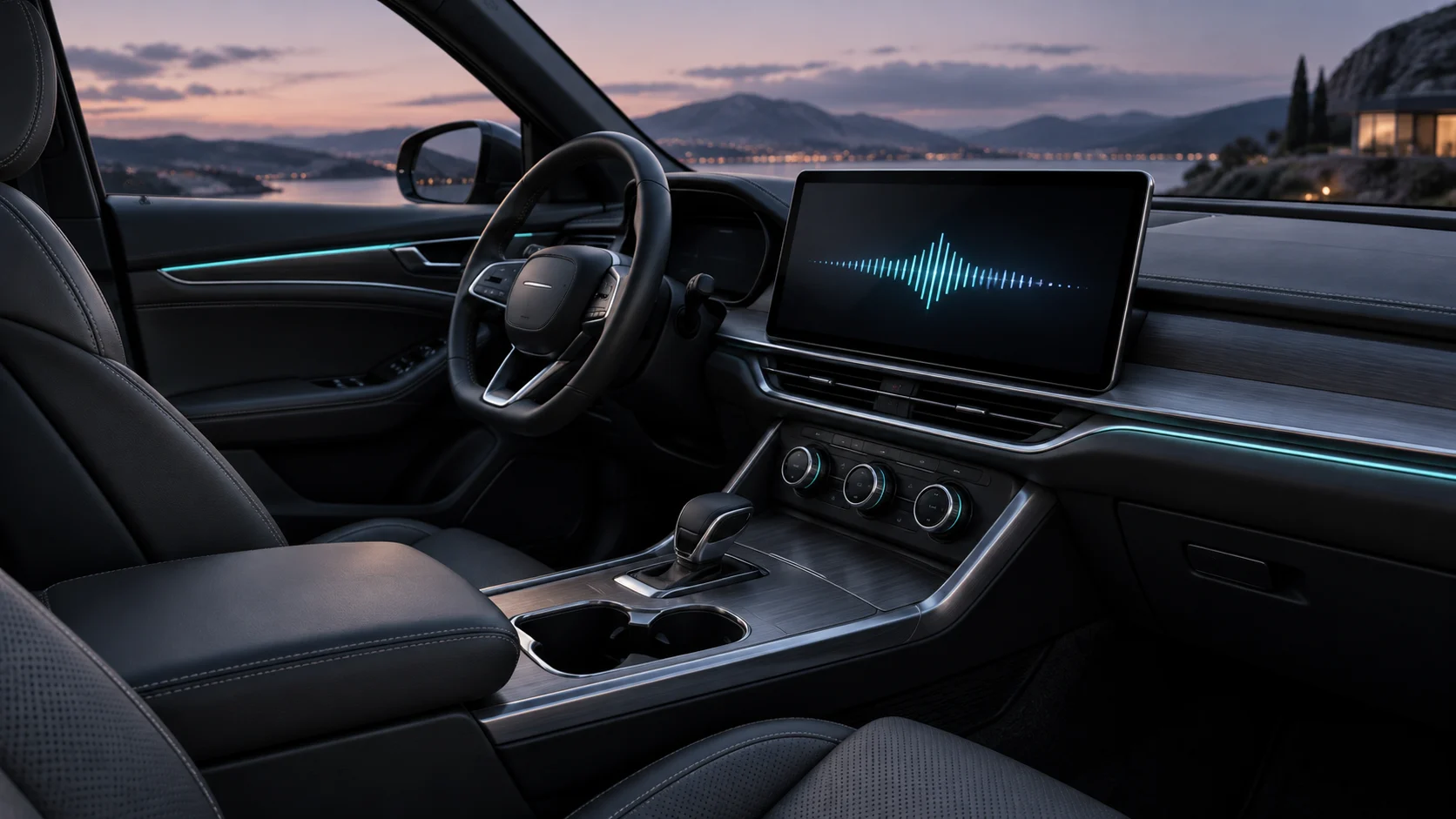 Concept of a modern vehicle interior with a clean audio waveform and subtle ambient lighting
