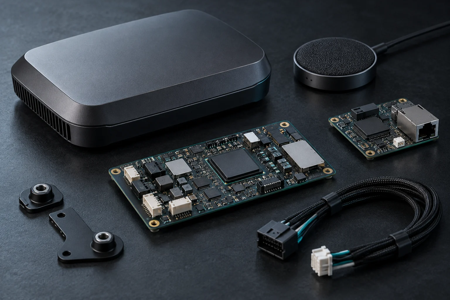 Concept smart-device hardware, a microphone, circuit boards and a vehicle connector arranged on an engineering surface