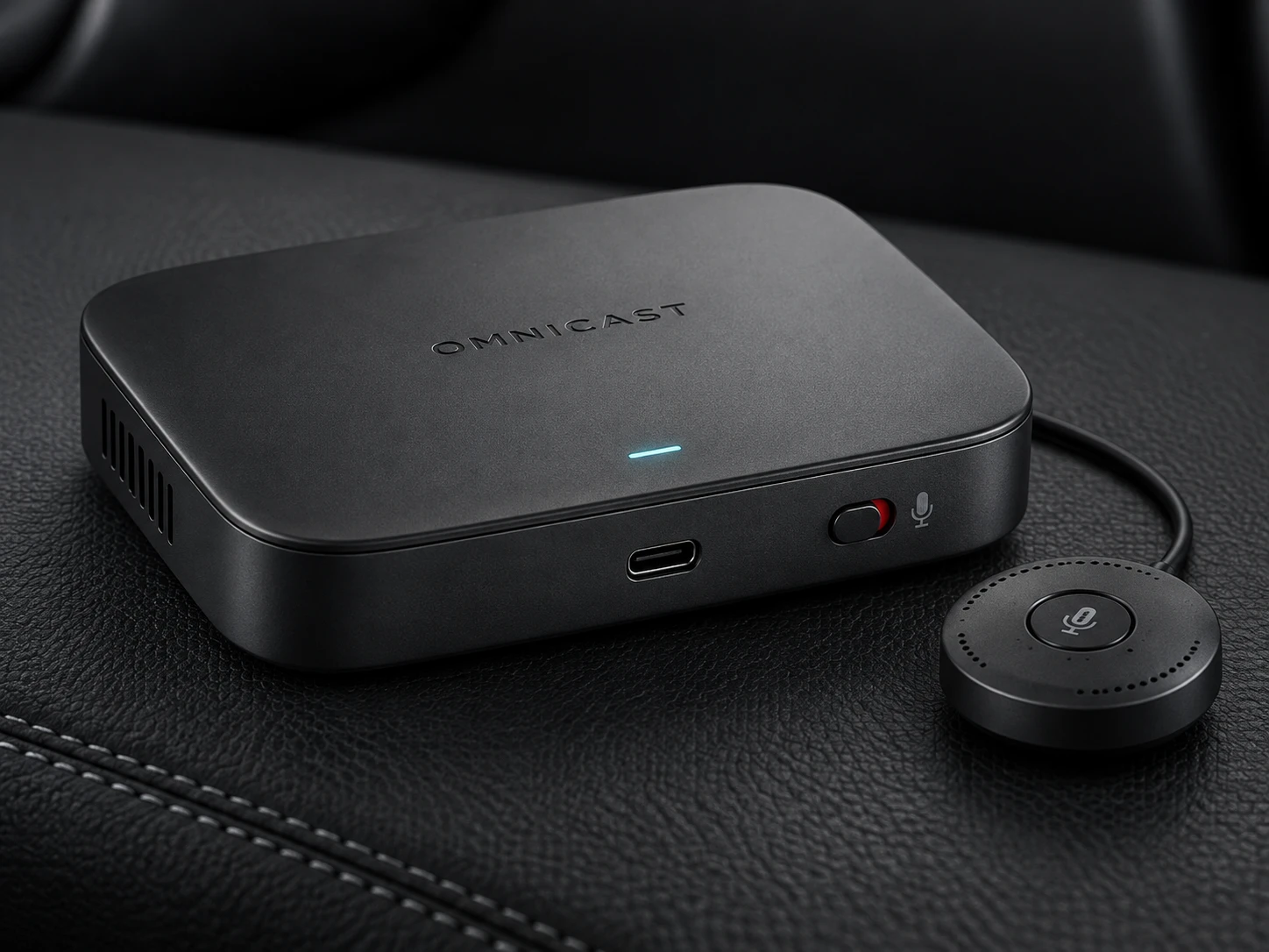 Omnicast smart device concept in graphite, with a separate microphone and physical microphone switch